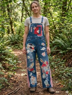 Patchwork Blue Denim Overalls  Mushroom Motif Patchwork & A Bit Of Sequin 8/29